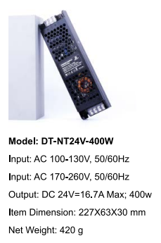 LED Driver 24V 400W IP20 ETL Listed, Power Supply AC 100-130V 50-60Hz, Ultra Slim Fanless Transformer for LED Lights