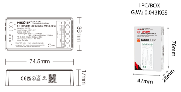 SPIW5 - 5 in 1 SPI+DMX LED Controller (WiFi+2.4G)